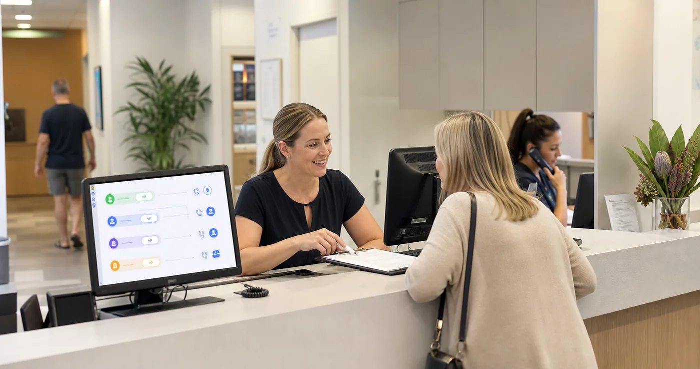 Clinic reception team helping an in-person visitor while incoming calls are managed digitally
