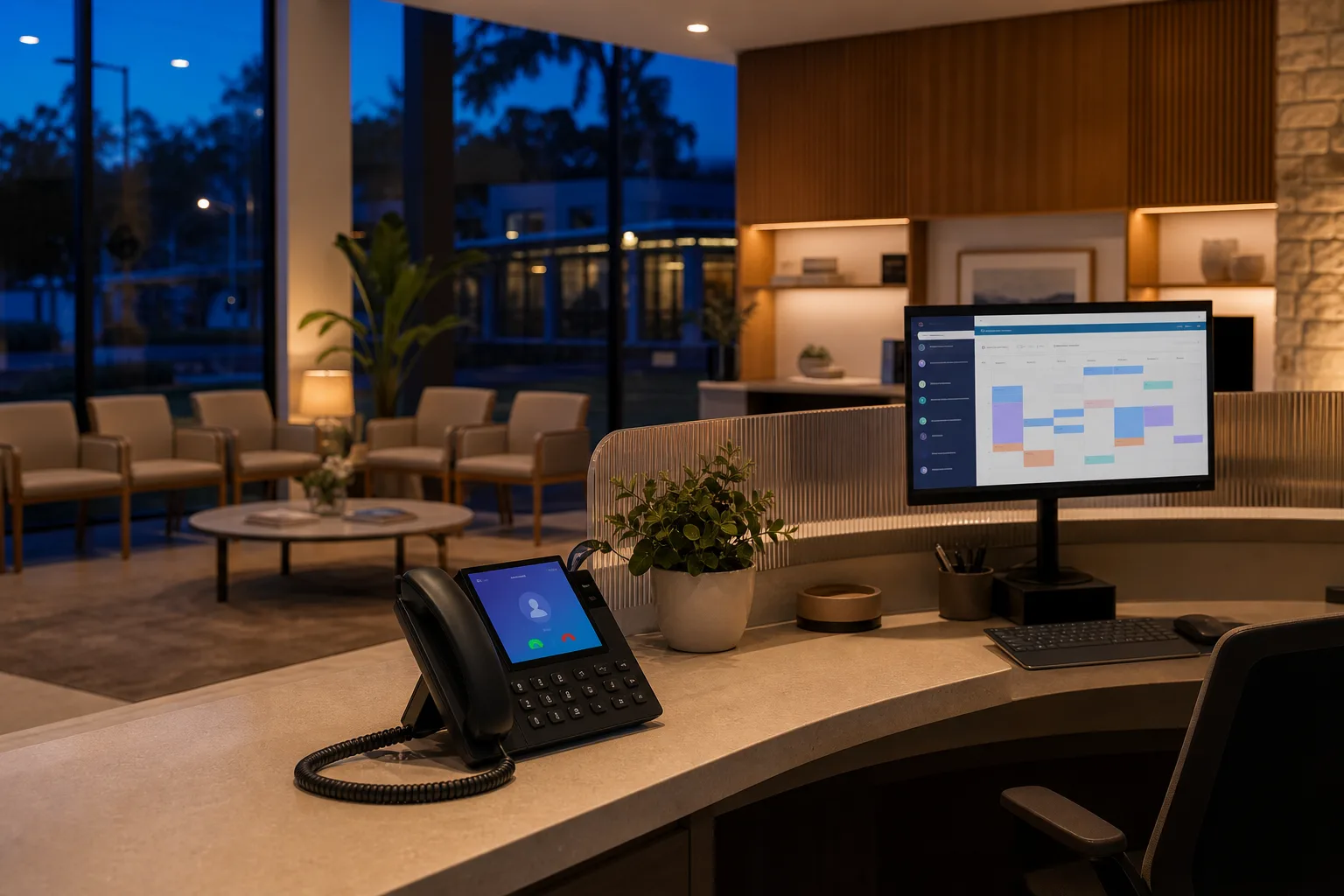 After-hours clinic reception with 24/7 AI call answering active