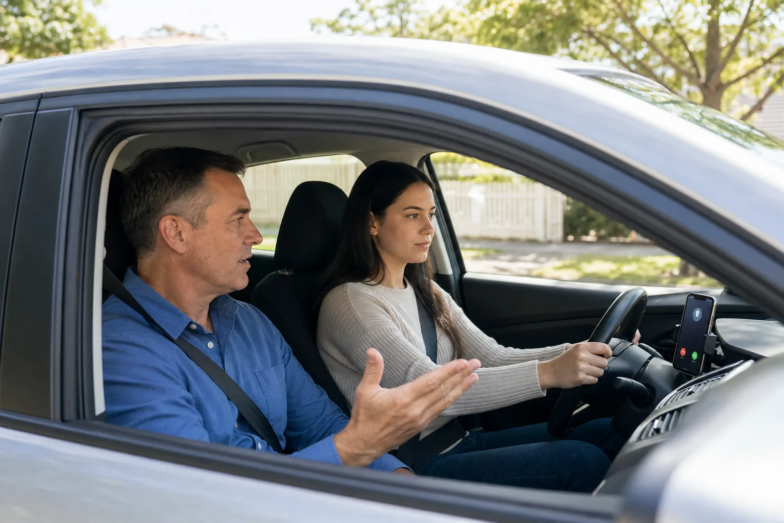 Australian driving instructor teaching while an AI receptionist handles incoming calls